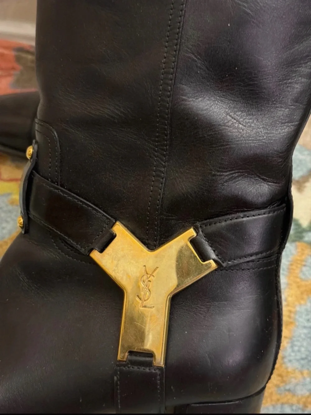 Yves Saint Laurent Black Over-the-Knee Leather Boots with Gold Studs
